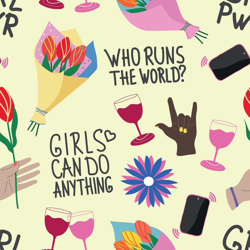 Girls can do anything phrase, feminism seamless pattern, solidarity and diversity vector