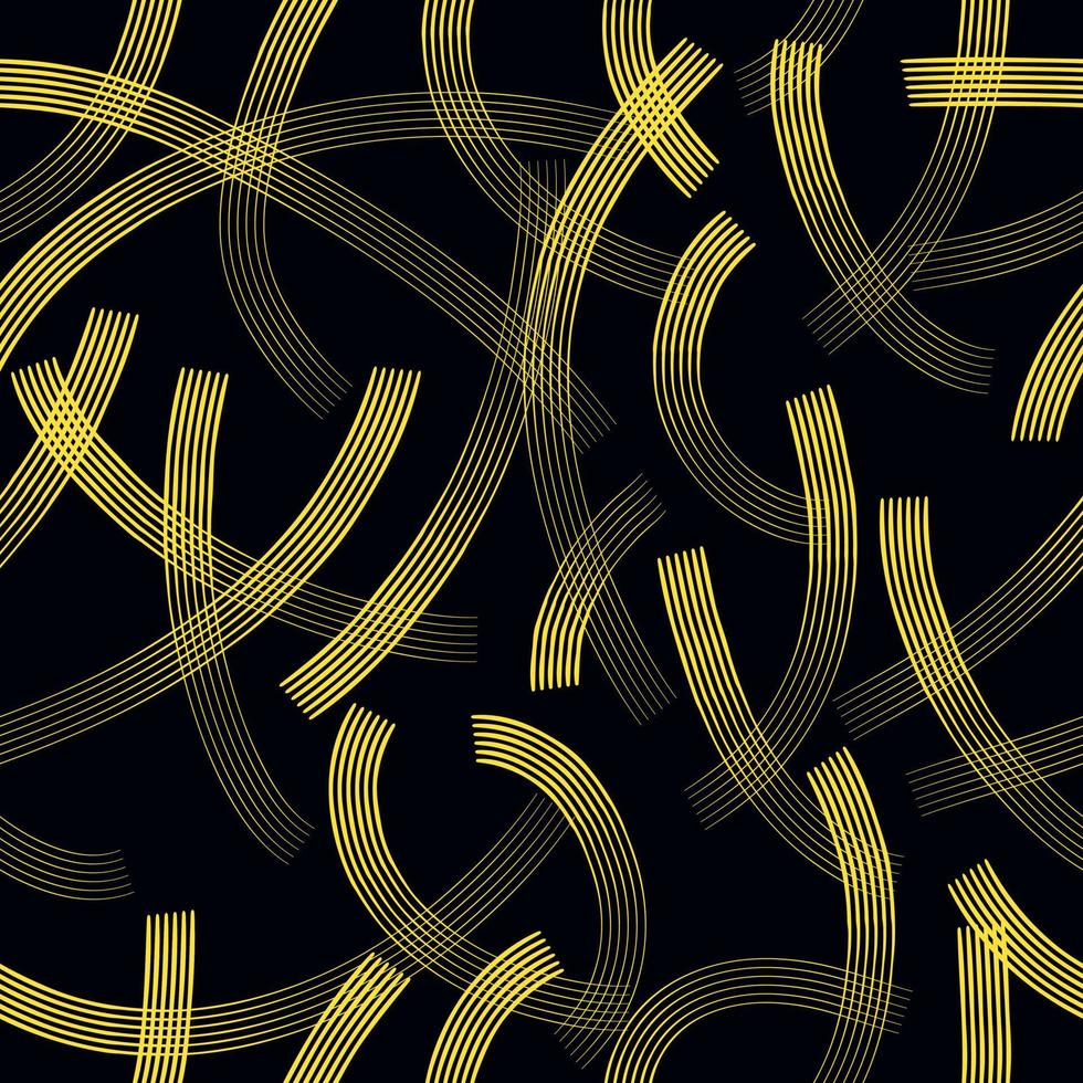 Abstract background chaotic lines seamless pattern, yellow curved ribbons on black background, vector background in modern style