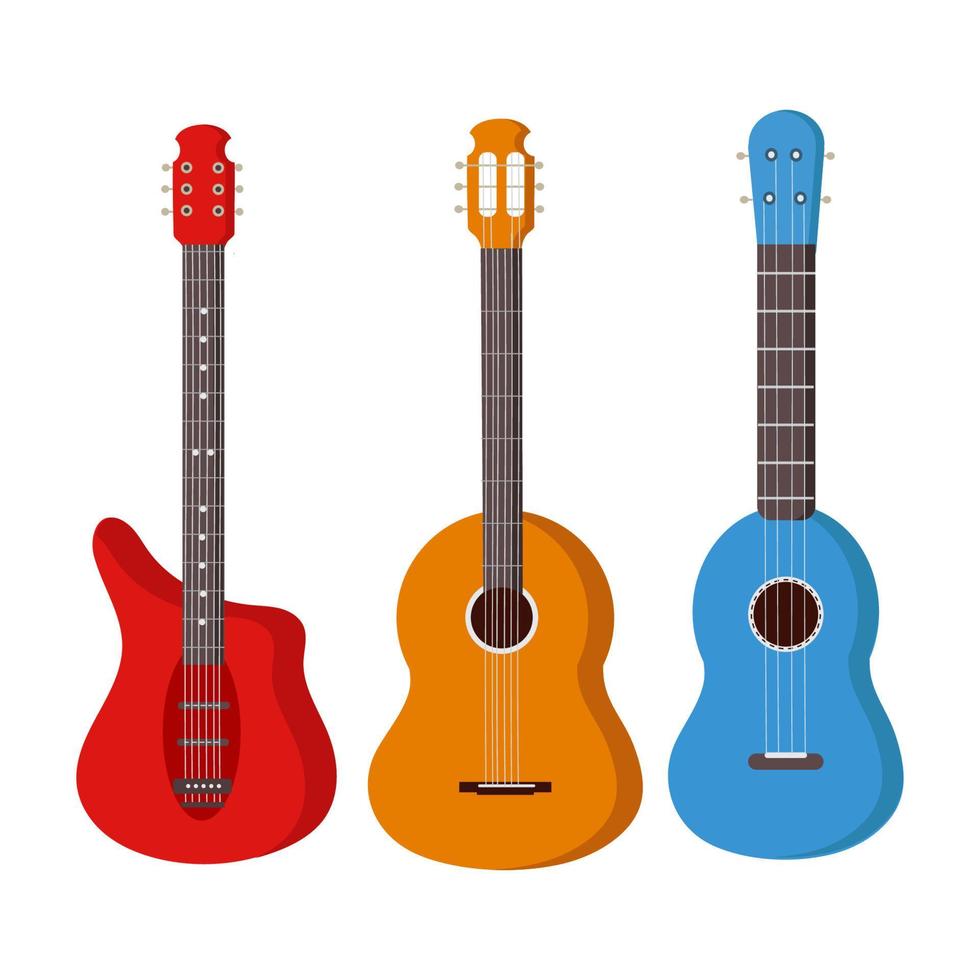 conjunto de tres guitarras de diferentes colores.objetos vectoriales aislados para el diseño de instrumentos musicales en el sitio o imágenes prediseñadas vector