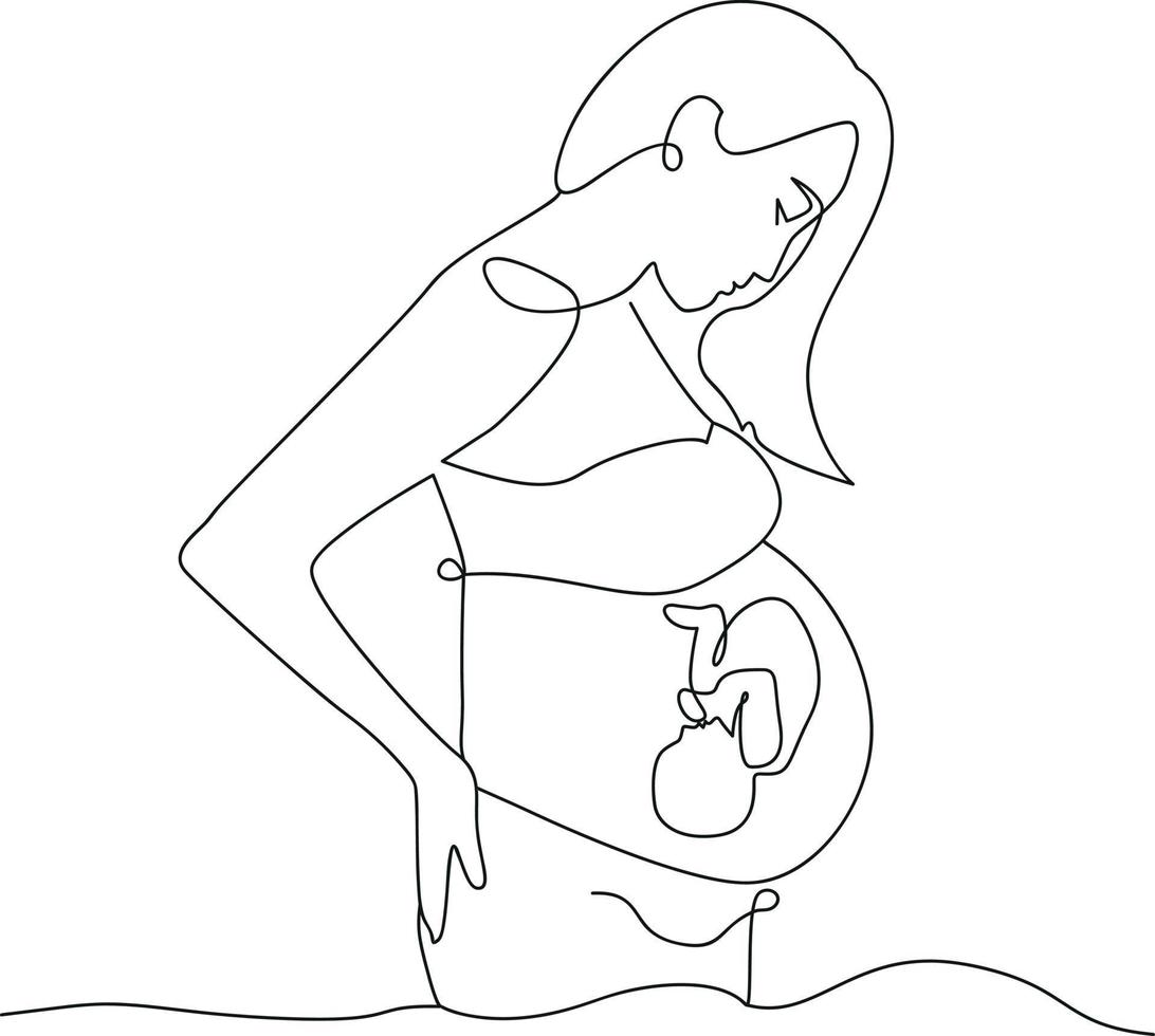 Silhouette of a pregnant woman with a baby in her belly, mother's body line art, hand drawing vector