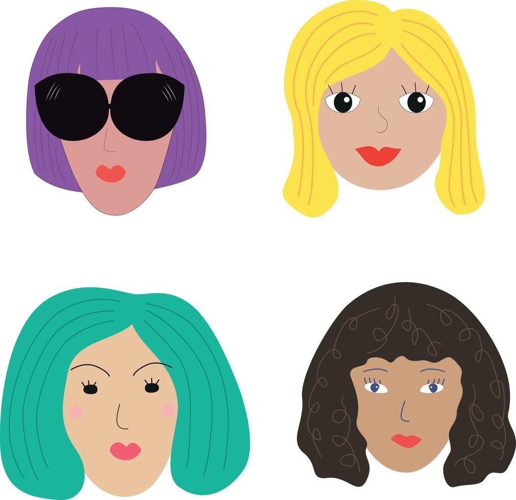 Doodle set of people faces, hand drawn faces of women, Portraits of different young modern women and girls vector