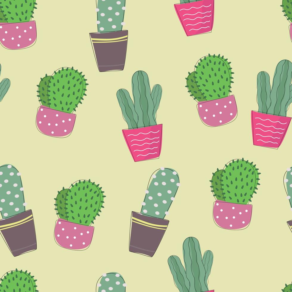 Vector seamless pattern cacti in pots, home plants in cartoon style