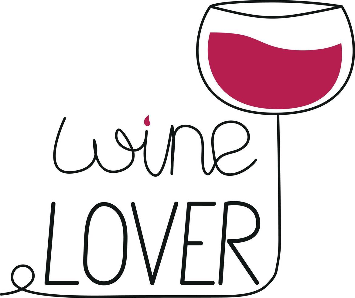 Wine lover lettering glass of wine, minimalist illustration in line art style, one line hand drawing vector