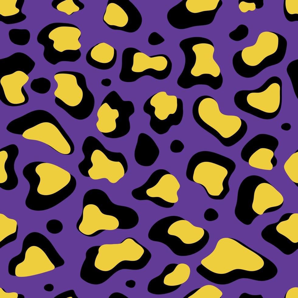 Abstract vector pattern leopard, black and yellow spots on purple background, modern seamless background