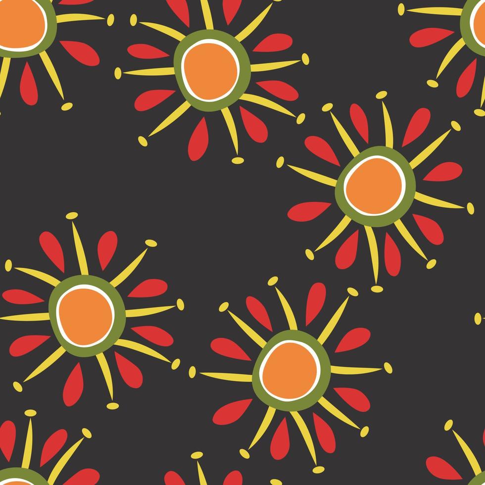 Flowers seamless pattern, ethnic theme, bright bloom on a black background vector