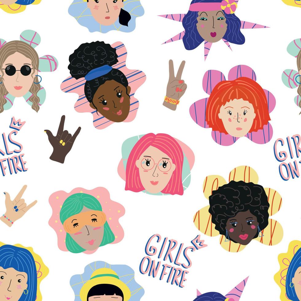 Girls on fire seamless pattern, feministic background, illustration with human face vector