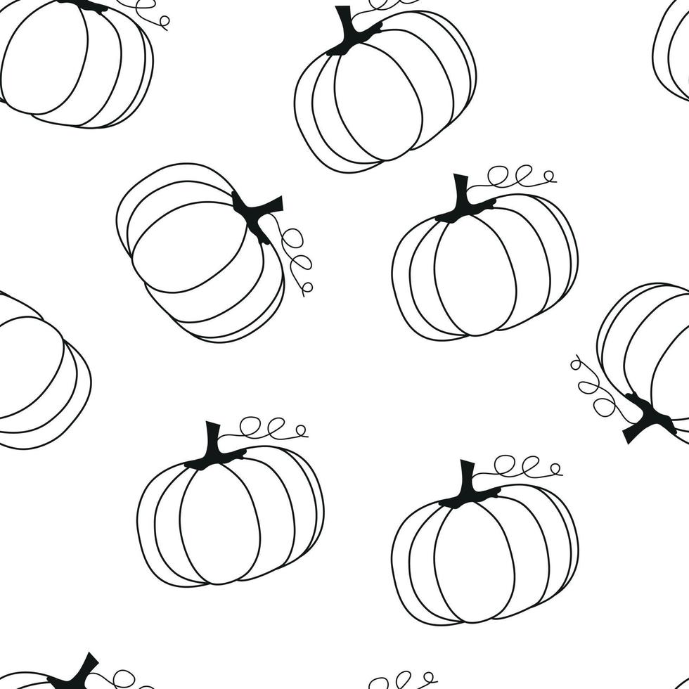 silueta de calabaza de patrones sin fisuras, contorno de dibujo a mano alzada, fondo blanco y negro vector