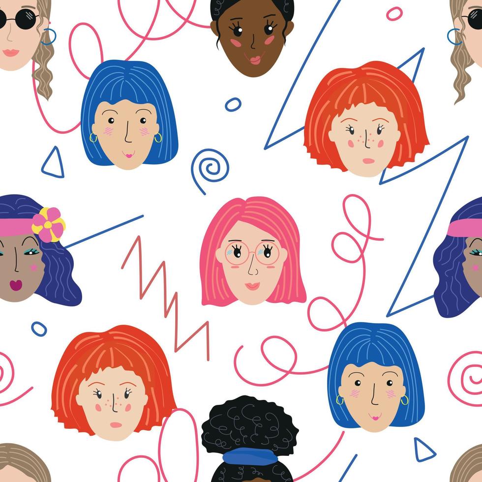 Human heads seamless pattern, faces of girls bright colors flat style vector