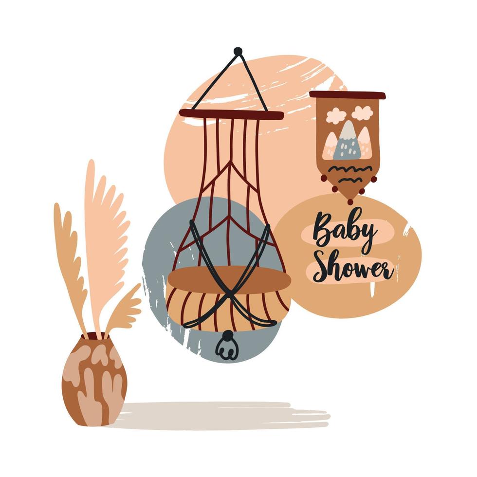 Baby boho nursery poster swing vase. Cute Scandinavian pastel illustration. Lettering Baby Shower. Flat bohemian vector on neutral background