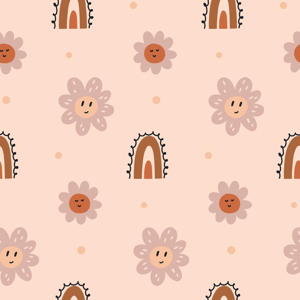 Baby boho nursery pattern flower rainbow. Baby Shower Scandinavian pastel wallpaper. Textile fabric design for kids. Flat bohemian vector neutral background paper