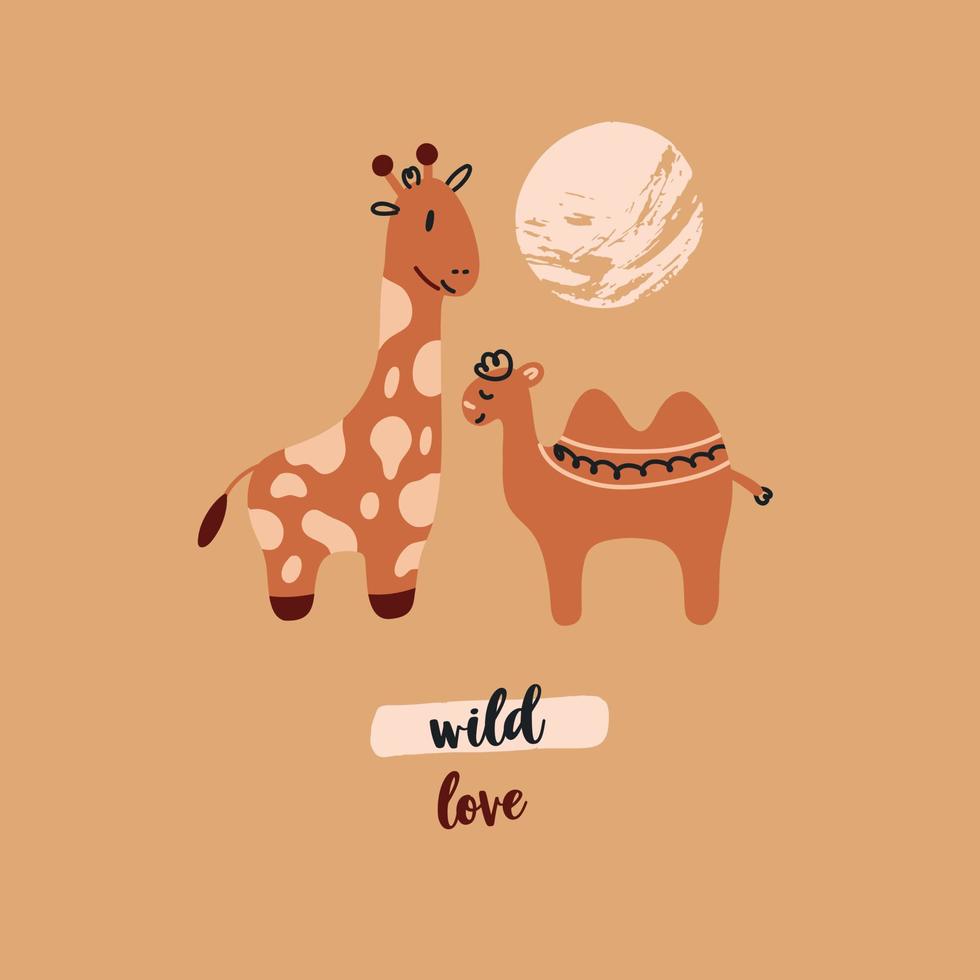 Baby boho nursery poster safari animals giraffe camel. Baby Shower Scandinavian pastel illustration. Lettering Wild love. Flat bohemian vector on neutral background