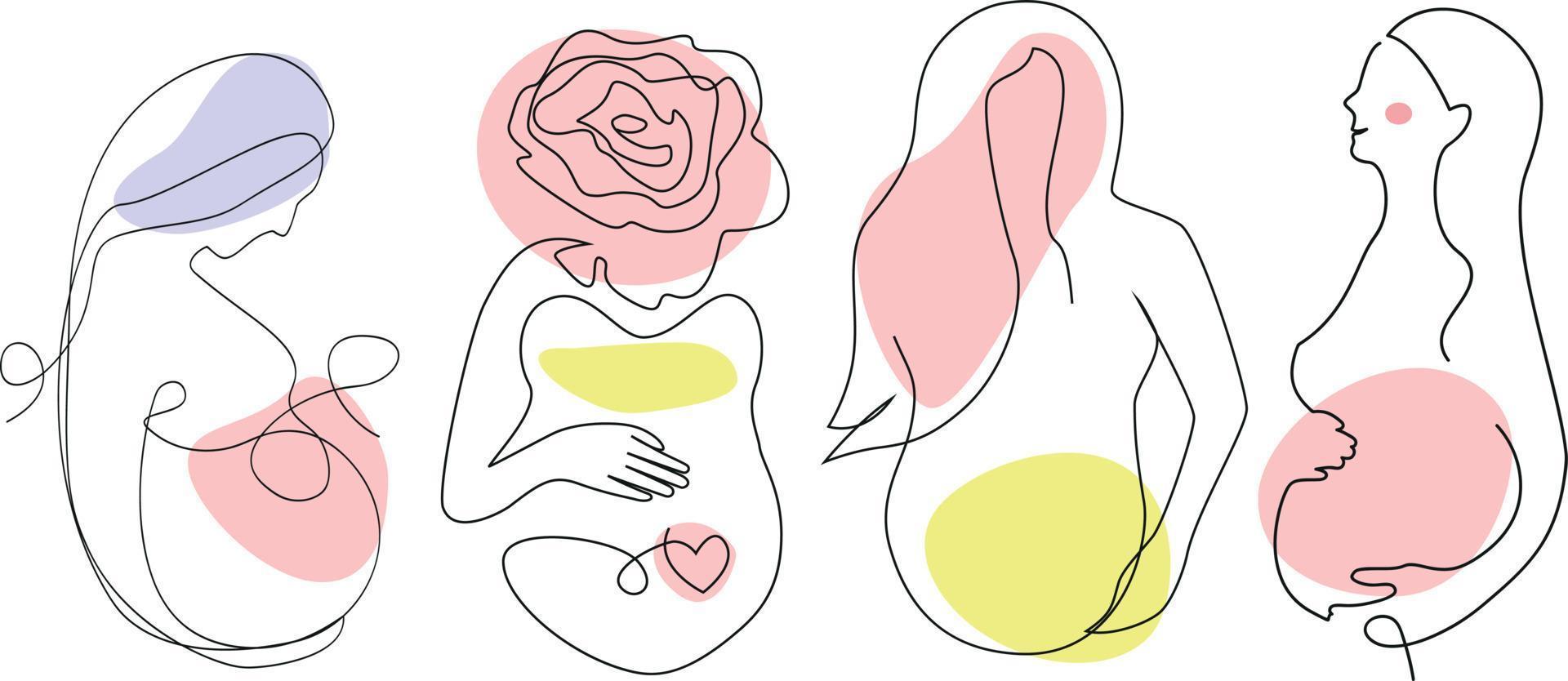 Pregnant Women Silhouettes Set Line Art Style Mother Sock Set Boho One Line Drawing with Accent Color Spots for Wall Art, Card Printing, Maternity Products vector