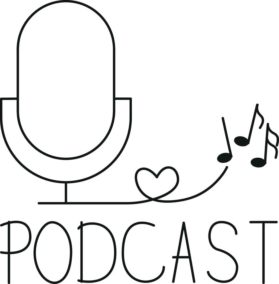 Podcast one line drawing microphone and musical notes, minimalist drawing icon logo outline vector