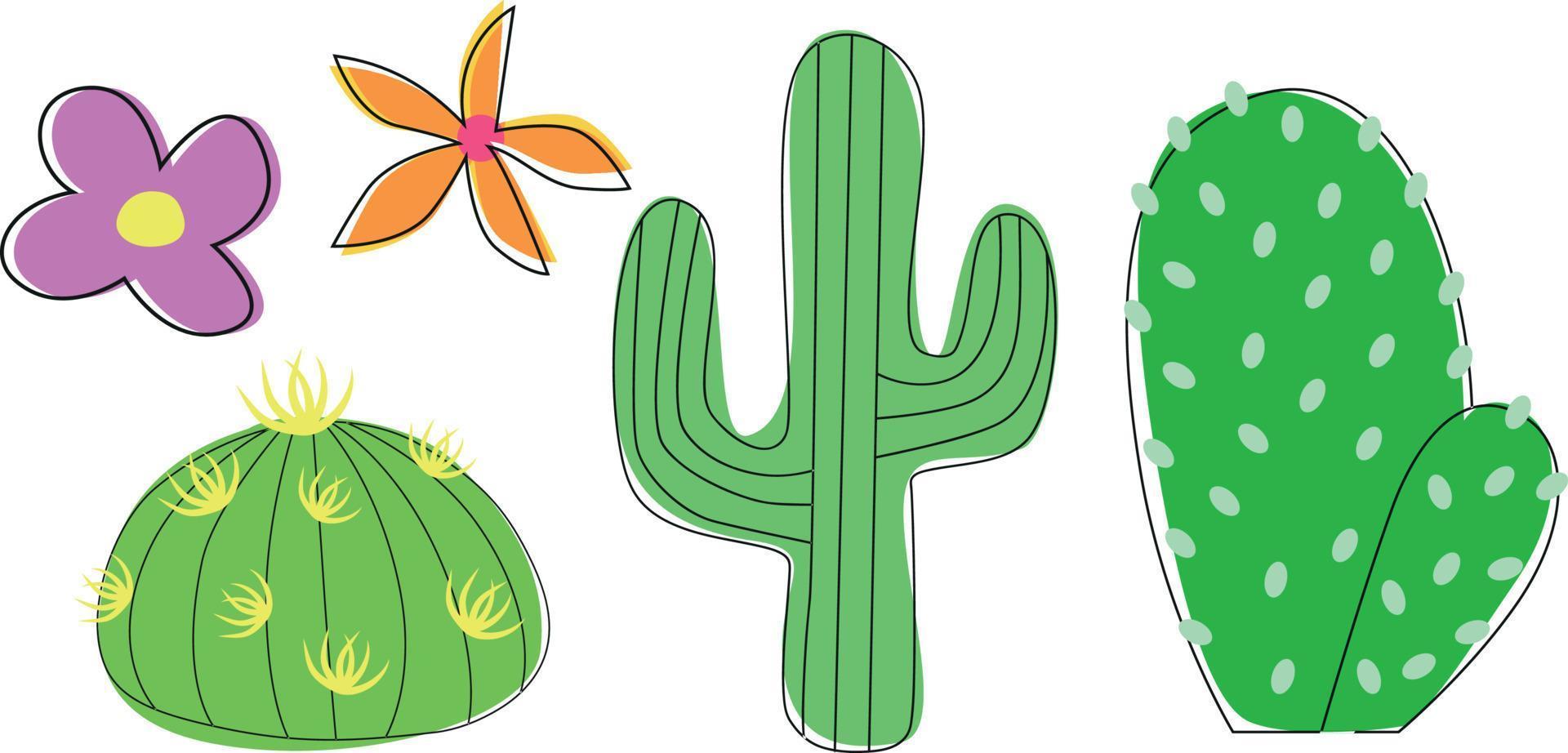 cactus en estilo plano, conjunto de suculentas, plantas con flores aisladas en fondo blanco vector