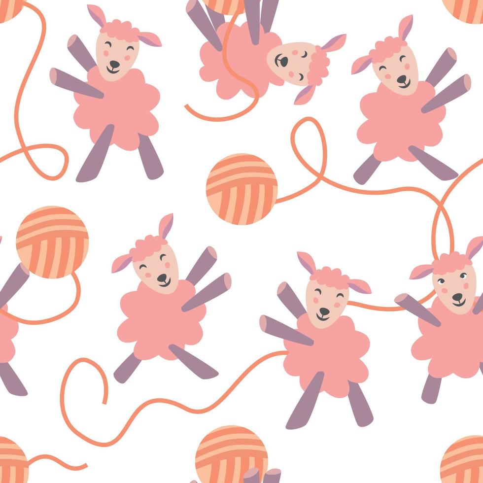 Sheep playing with a ball of wool seamless pattern, cute funny cartoon little animals flat design style vector
