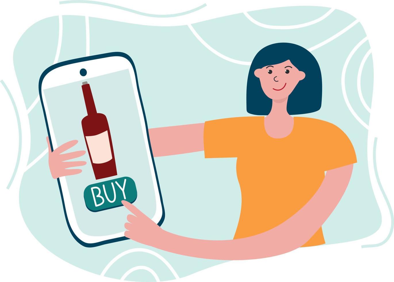 A girl with a smartphone makes purchases in an online store, buying wine online, food delivery vector