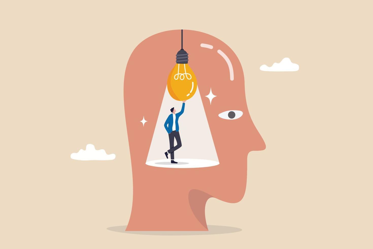 Intelligence thinking, wisdom or intuition in genius brain, creative mindset or emotional intelligence, smart thinking or psychology concept, smart man turn on lightbulb idea inside his genius head. vector