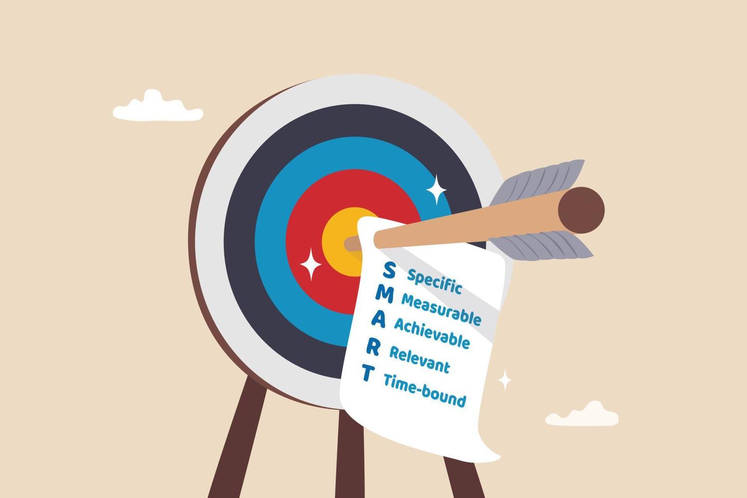 Setting SMART goal, acronym with specific, measurable, achievable, relevant and time, planning for realistic target concept, arrow bow hit bullseye with note paper written business SMART goal. vector