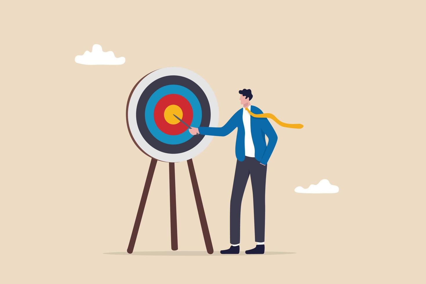 Specific goal, clarify objective or target, focus or concentrate on purpose to win business mission, perfection or aiming at target concept, businessman pointing at center of bullseye archery target. vector