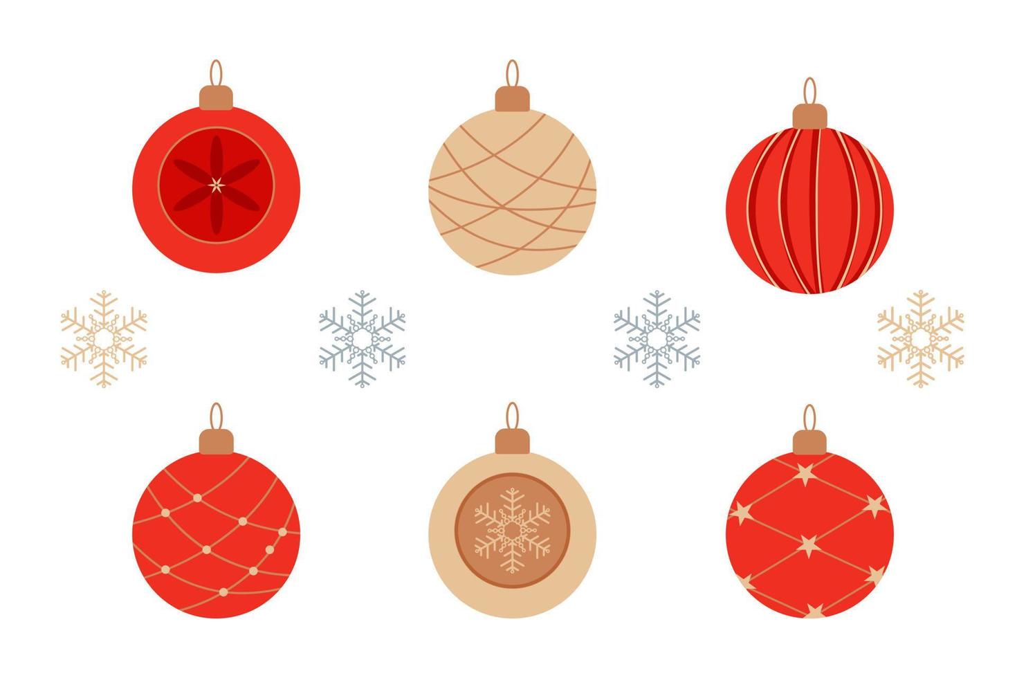 Christmas tree toy balls, set on white background. New Year decorations red and beige balls with gold elements. Vector illustration, for screenl or print design for greeting card, banner, postcard