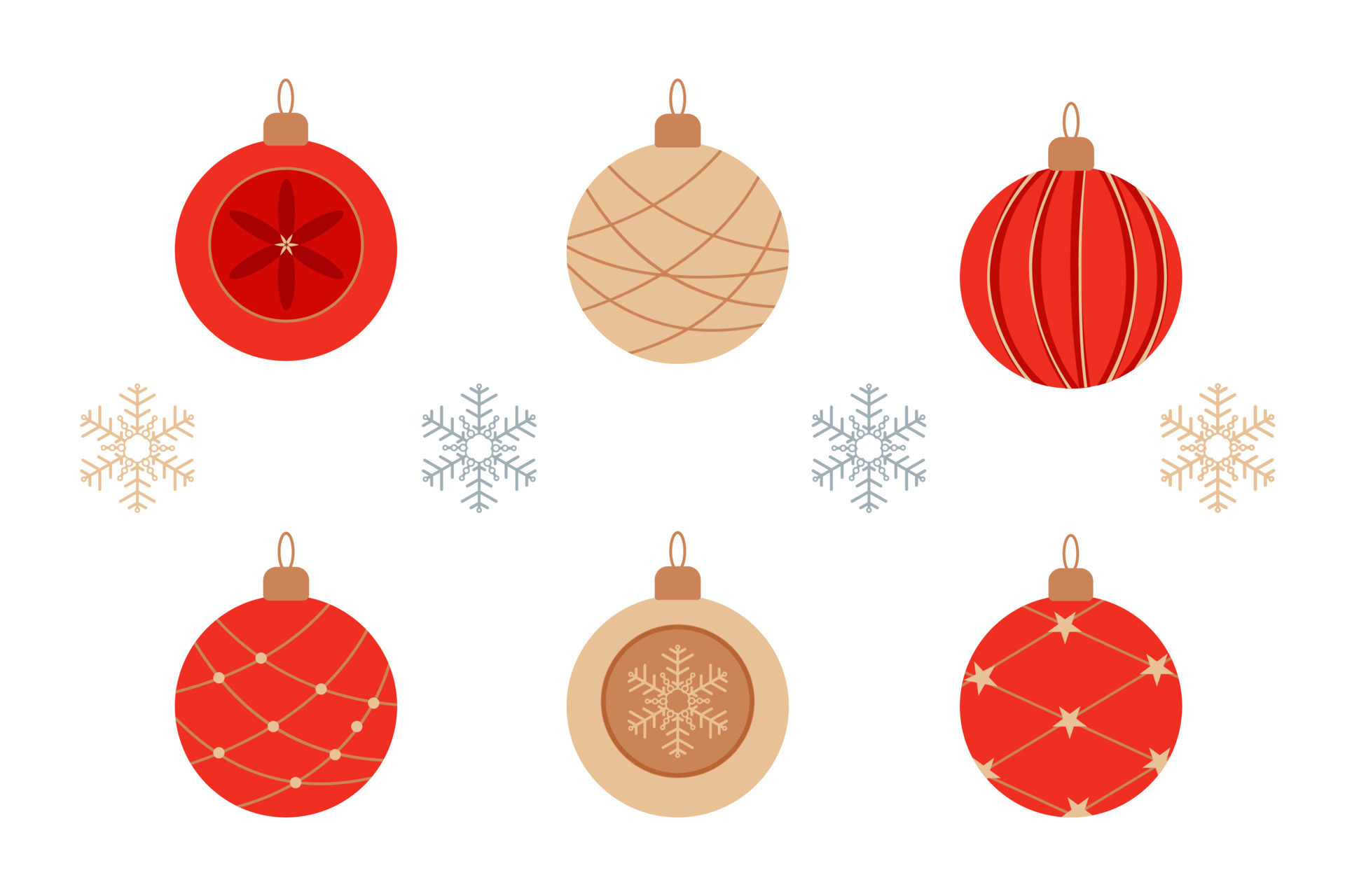 Christmas tree toy balls, set on white background. New Year decorations red  and beige balls with gold elements. Vector illustration, for screenl or  print design for greeting card, banner, postcard 13798034 Vector