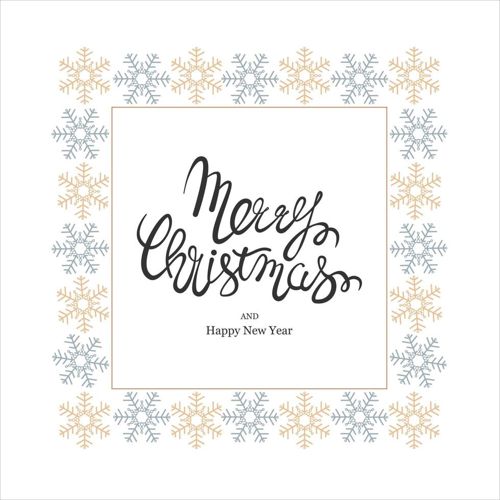 A square gold and silver snowflakes frame with winter holiday greetings letter in the center on a white background. Vector Illustration