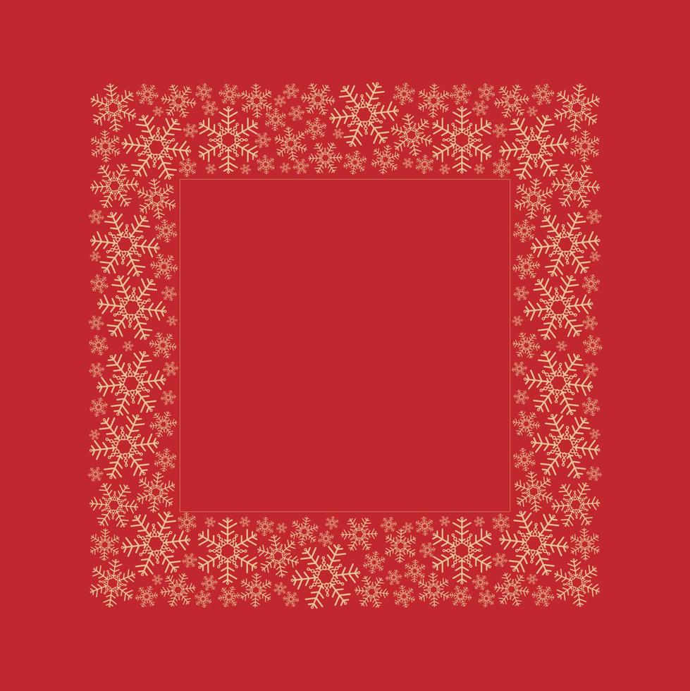 Square frame of golden snowflakes on red background for winter holiday greetings, space for text in the center. Vector illustration