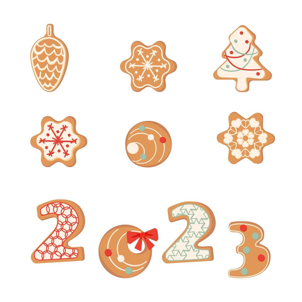Set of gingerbread cookies for Christmas. New Year Ginger classic decorated cookie. Holiday winter symbols. Vector color illustration isolated on white background