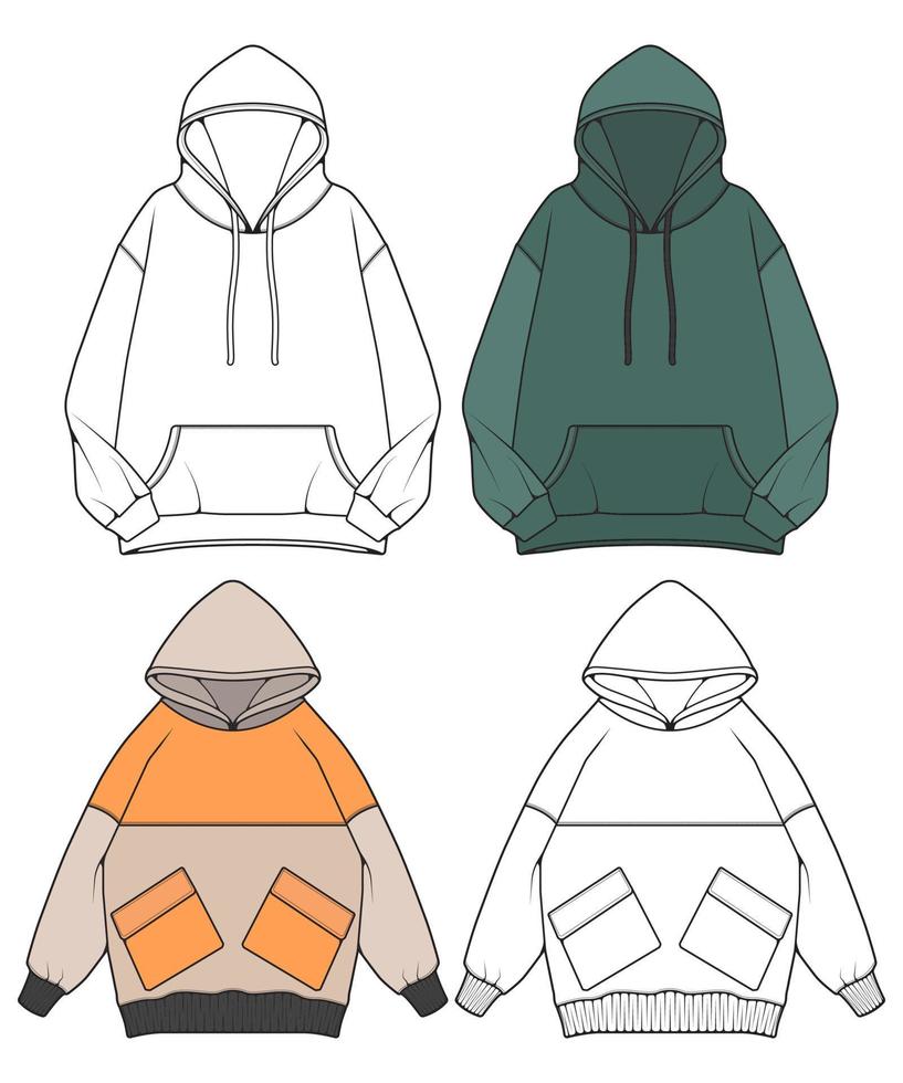 sudadera con capucha de gran tamaño vectorial, sudadera con capucha de gran tamaño en un estilo de boceto, esquema de plantilla de entrenadores, ilustración vectorial vector