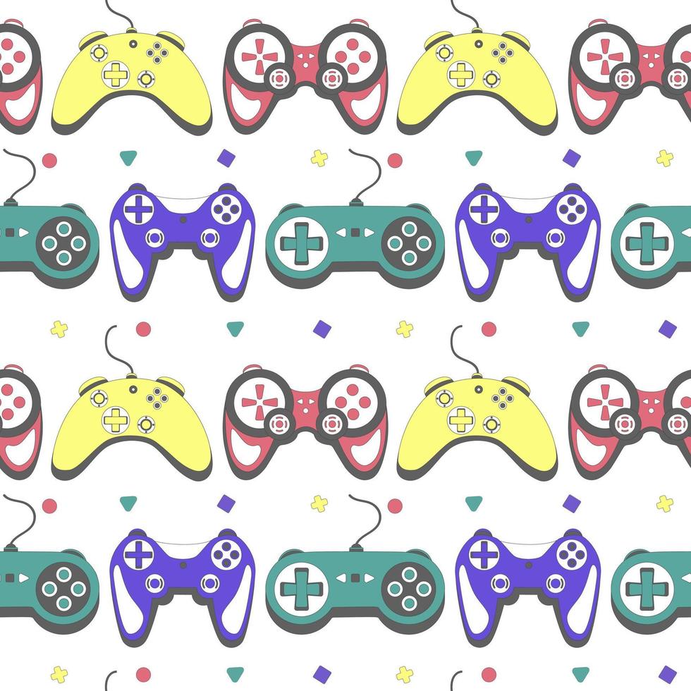 Seamless pattern gamepad in retro style. Game controller for computer playing vector illustration.
