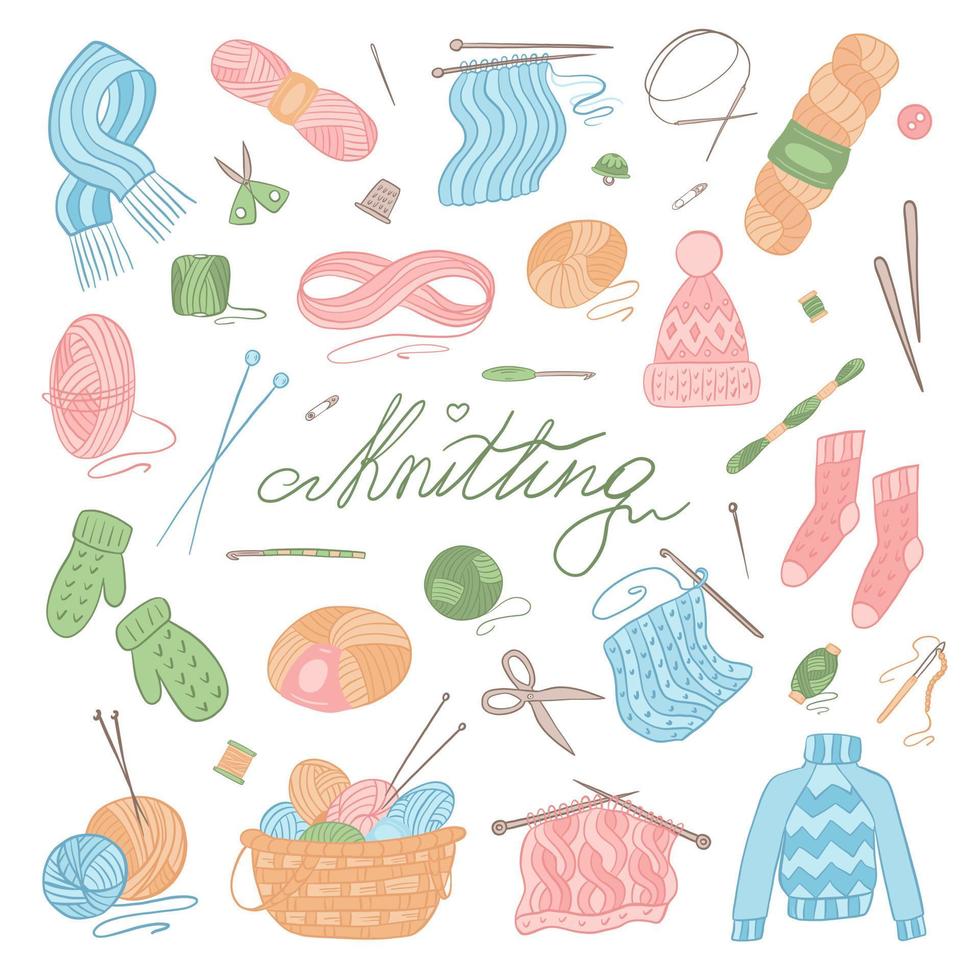 Set vector illustration elements isolated on white. Knitting tools, yarn, wools, knitting needles. Handmade knitwear and hobby concept.