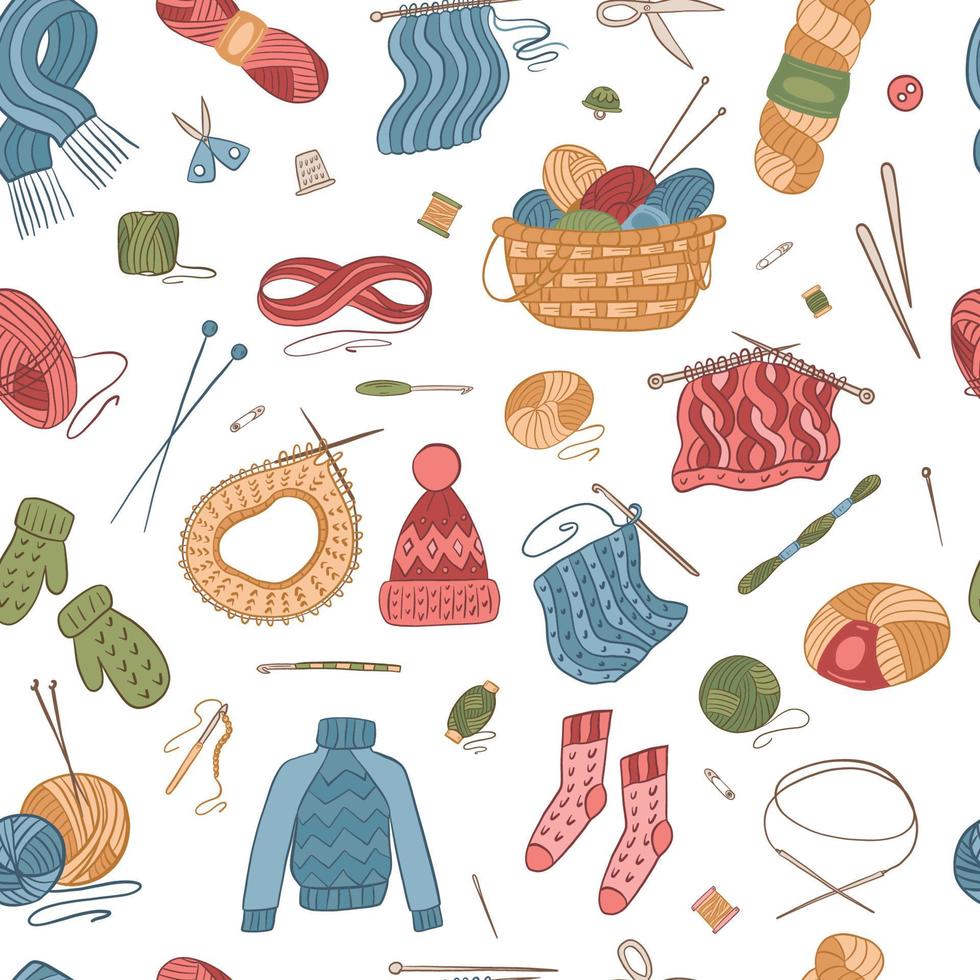 Seamless pattern vector illustration elements on white. Knitting tools, yarn, wools, knitting needles. Handmade knitwear and hobby concept.