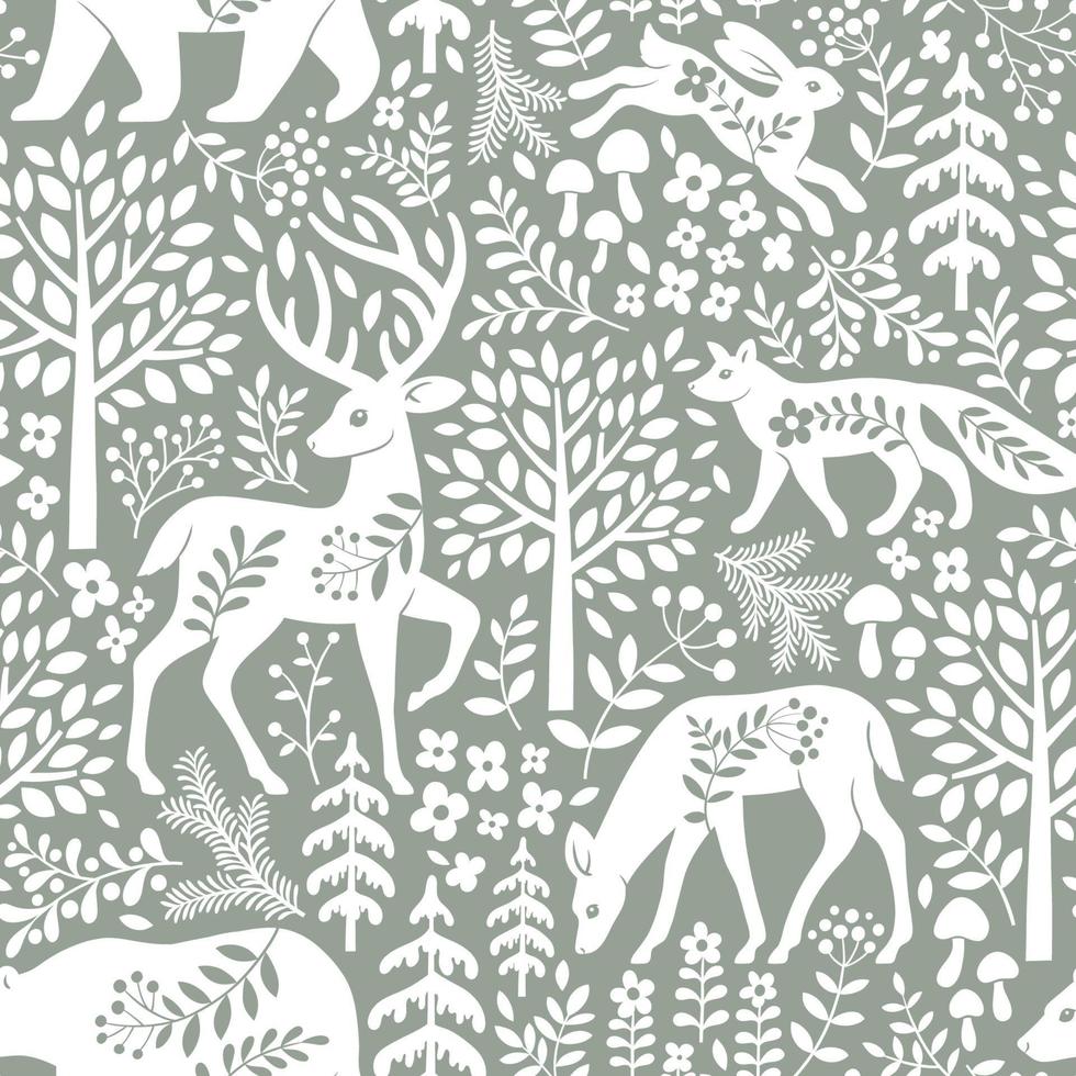 patrón impecable con lindos animales del bosque, árboles y hojas. ilustración de bosque escandinavo. perfecto para el diseño textil, de papel tapiz o de impresión. vector