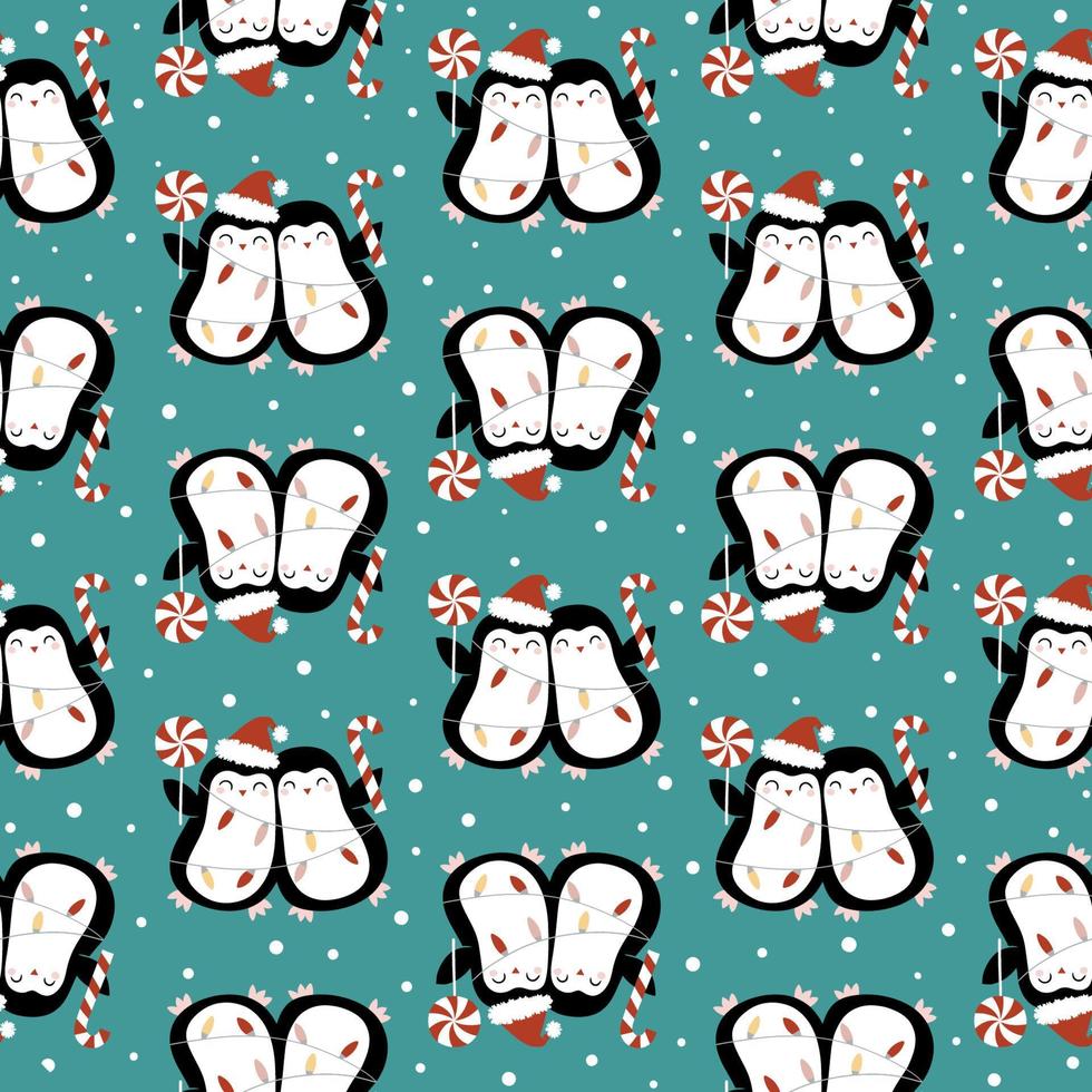 Seamless pattern with cute Christmas penguins on green background. Perfect for textile, wallpaper or print design. vector