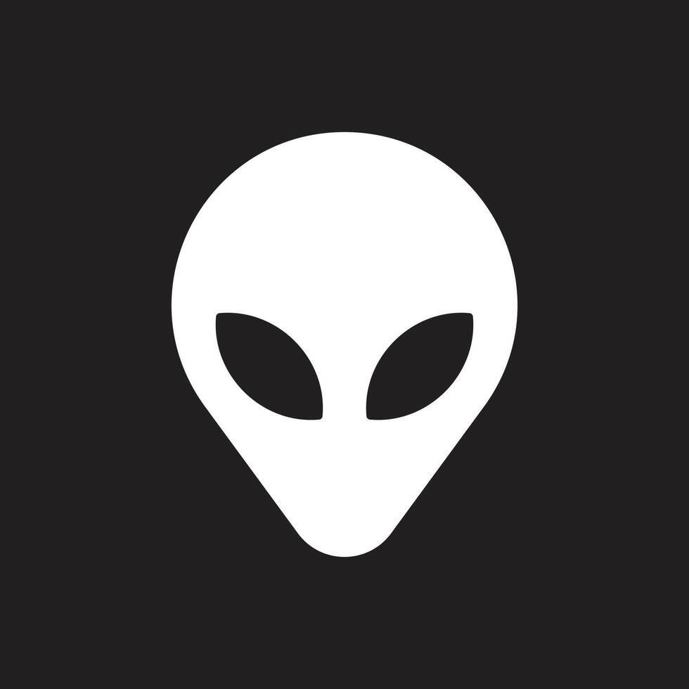 eps10 white vector Extraterrestrial Alien Face or Head solid art icon isolated on black background. alien symbol in a simple flat trendy modern style for your website design, logo, and mobile applica