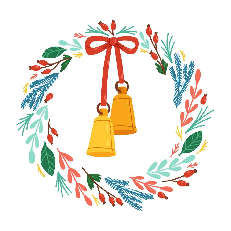 corona de navidad moderna con cinta y campanas, eps10 aislado. estilo dibujado a mano con ramas y bayas simples. ilustración vectorial vector