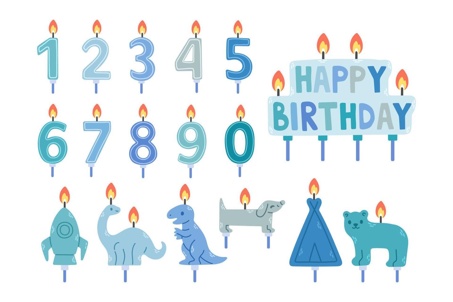 velas de cumpleaños para niños puestas en colores azules, velas numéricas, diferentes formas, aisladas en blanco, ilustración vectorial eps10 vector