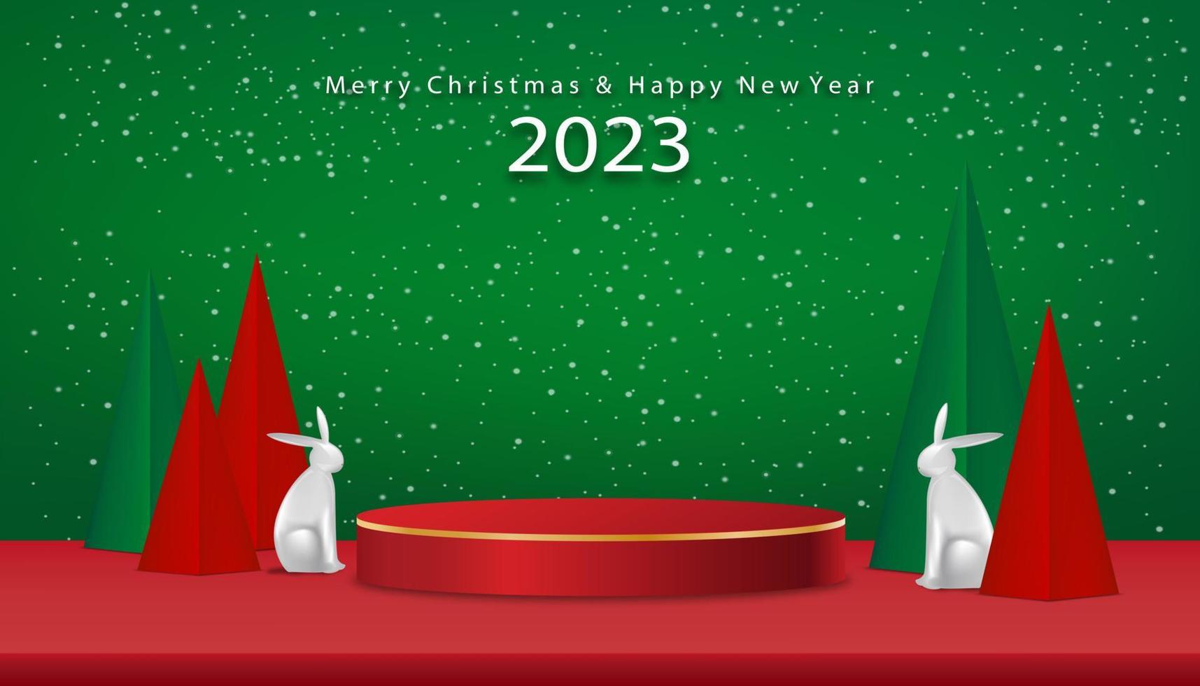 fondo de navidad y año nuevo chino 2023 con podio 3d, conejos, árboles de navidad cortados en papel sobre fondo verde, árbol exuberante de abeto de pino de navidad. composición vectorial de vacaciones de invierno para tarjeta de felicitación, pancarta vector