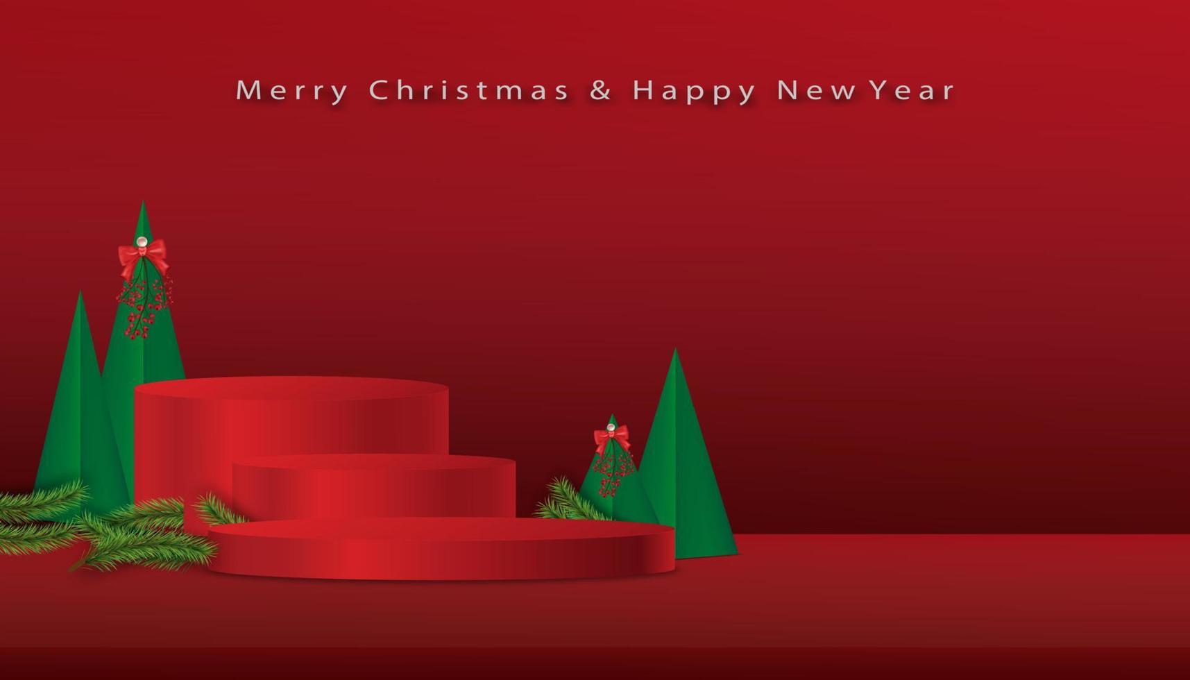 Christmas and New Year 2023 background with 3d podium,Christmas trees paper cut on red background, Xmas pine fir lush tree. Vector Winter holiday composition for Greeting card, banner, poster