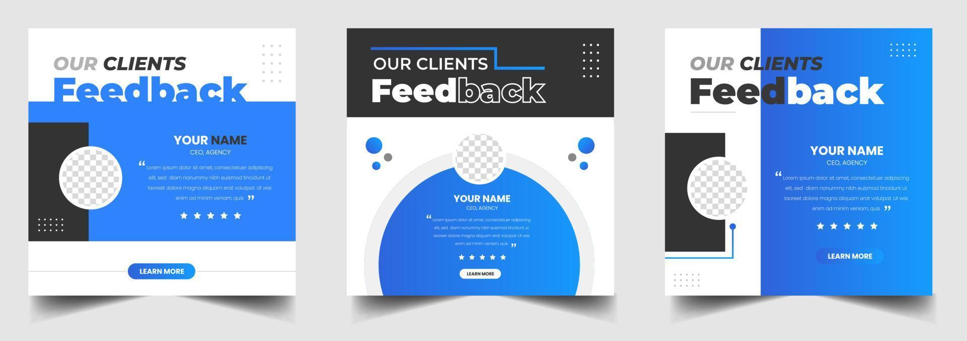 Customer feedback testimonial social media post web banner template. client testimonials social media post banner design template with blue color vector