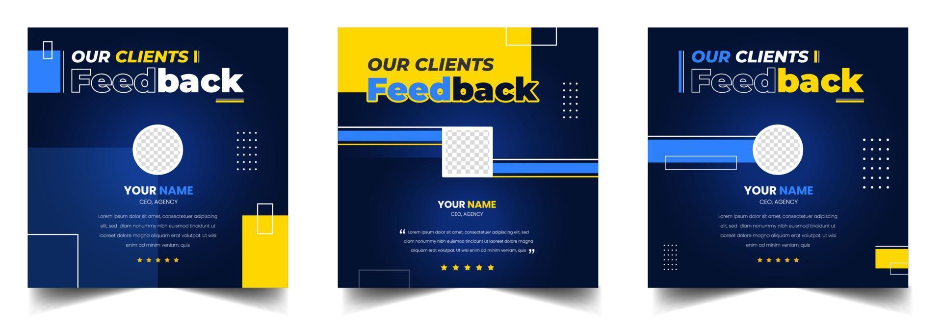 Customer feedback testimonial social media post web banner template. client testimonials social media post banner design template with blue color vector