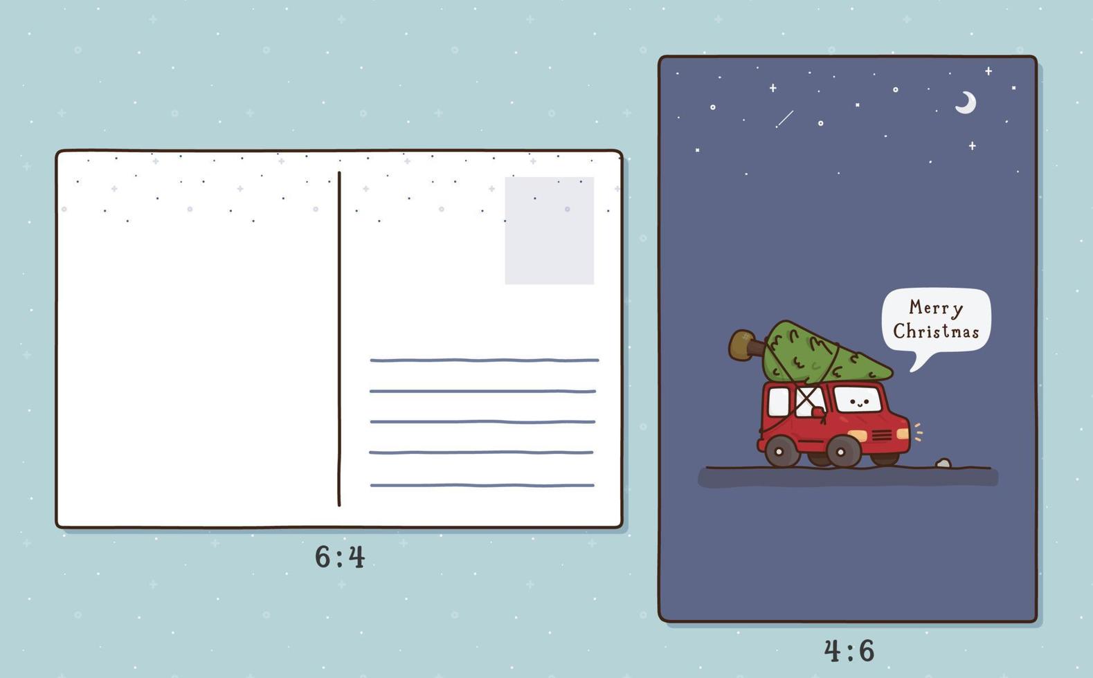 red car carrying pine trees to make a Christmas tree  kawaii doodle flat cartoon postcard vector