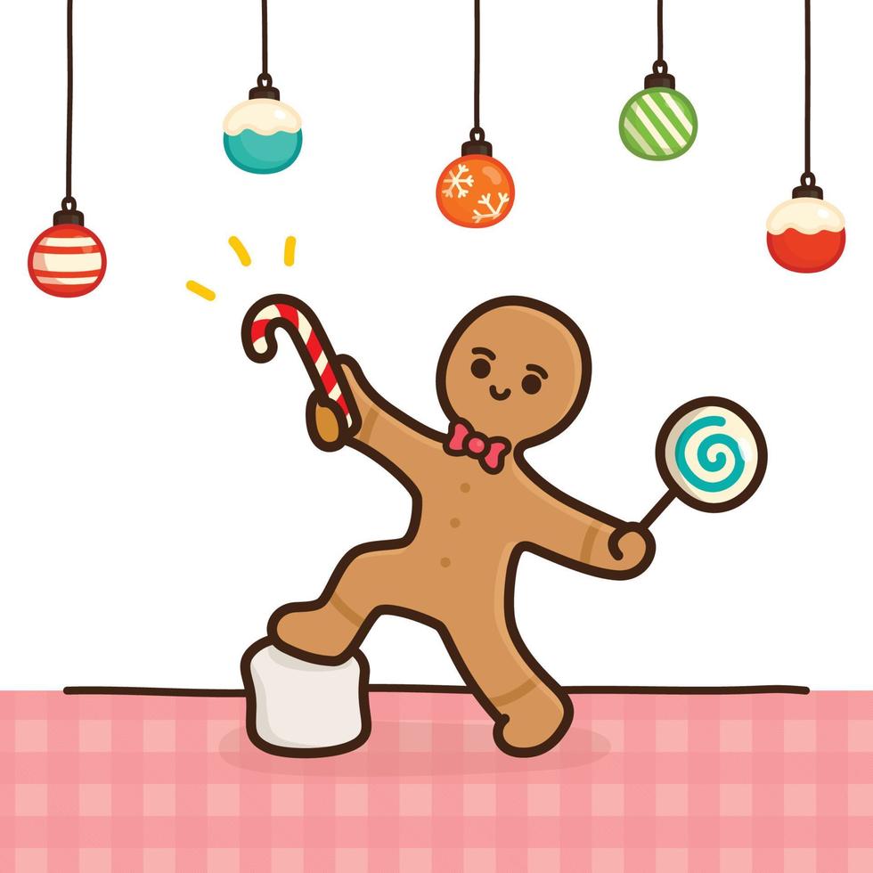 gingerbread holding sweets candy cane and lollipop kawaii doodle flat cartoon vector illustration