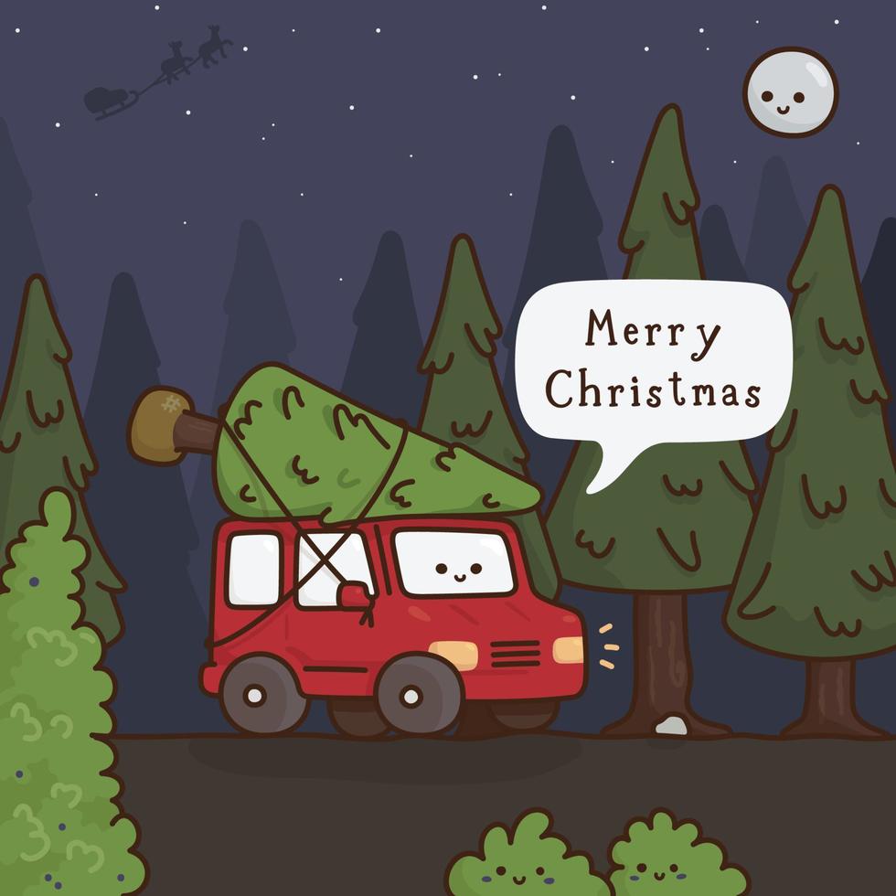 coche rojo que lleva pinos para hacer un árbol de navidad kawaii doodle ilustración vectorial de dibujos animados planos vector