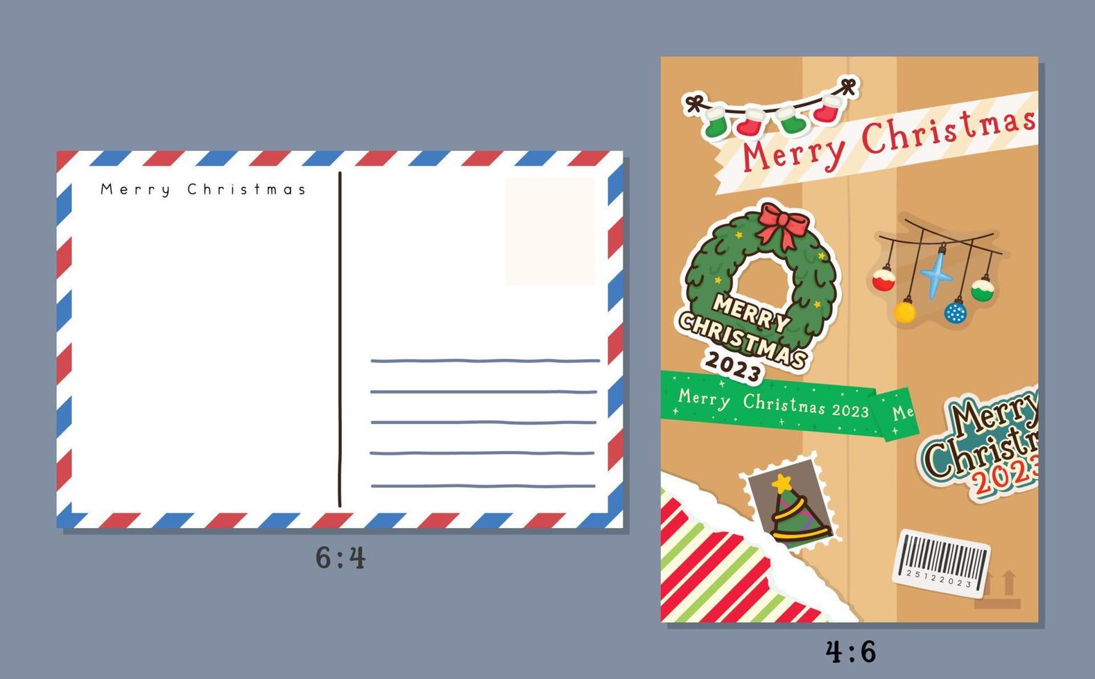 caja de paquetes vintage decorada con pegatinas de navidad vector de postal de caricatura plana de kawaii doodle