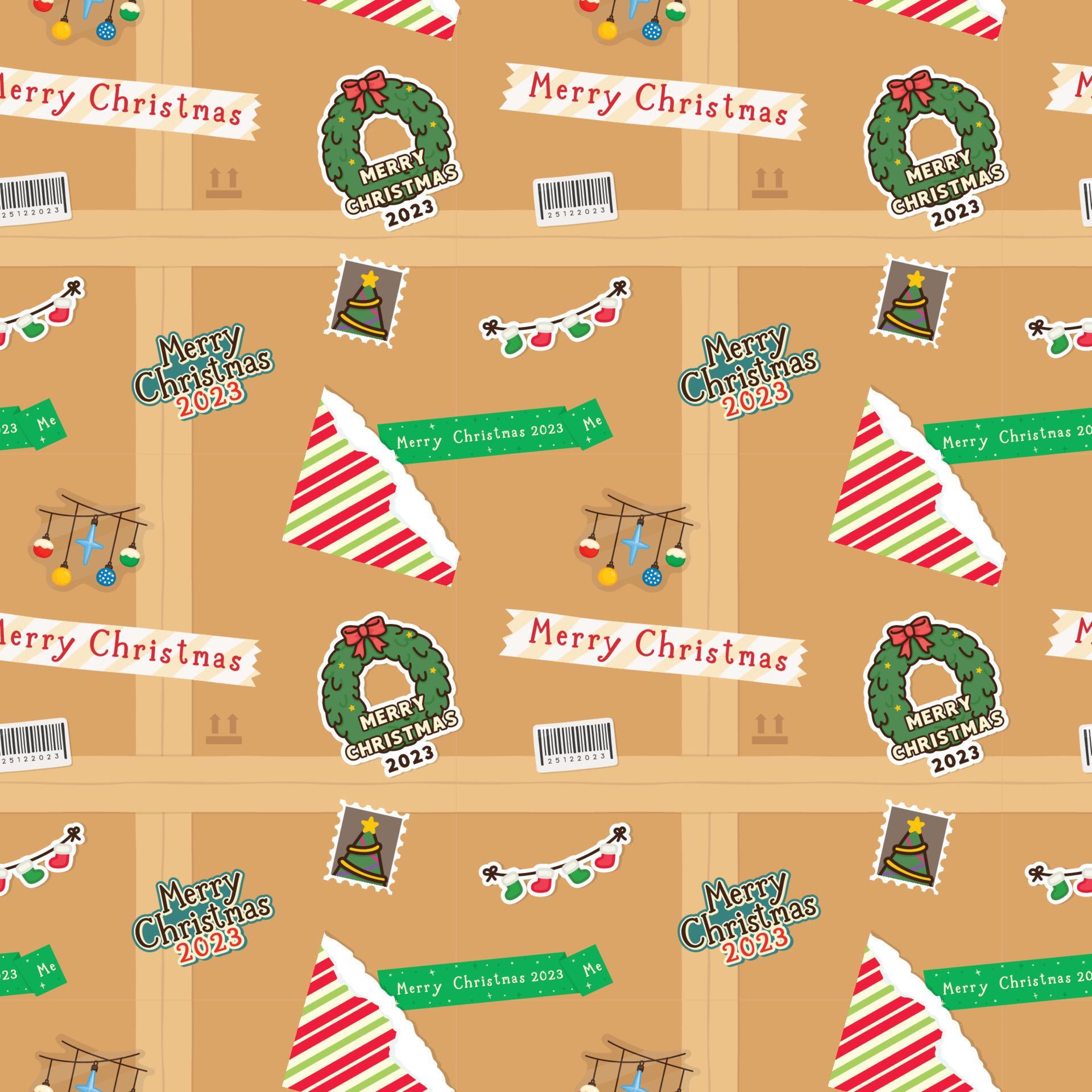 vintage parcel box decorated with Christmas stickers seamless pattern