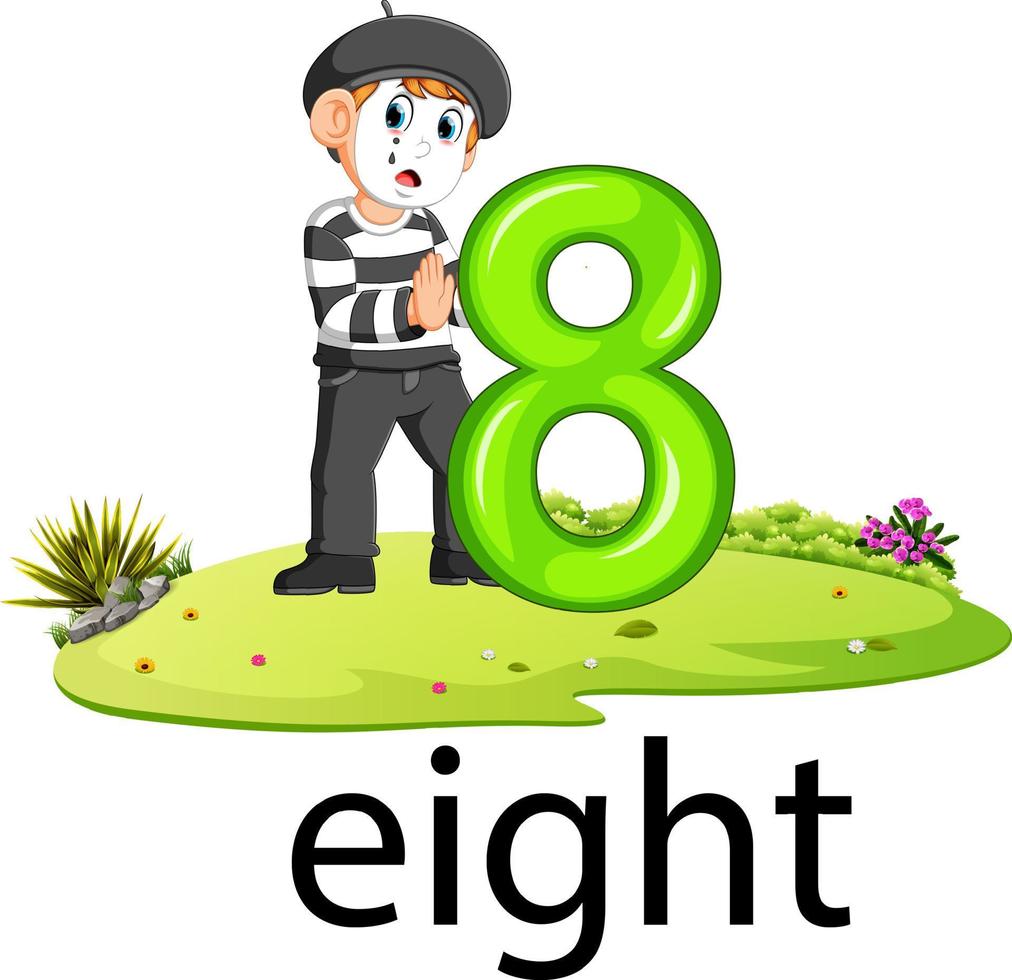 little pantomime boy act with the 8 balloon number and text with different posing vector