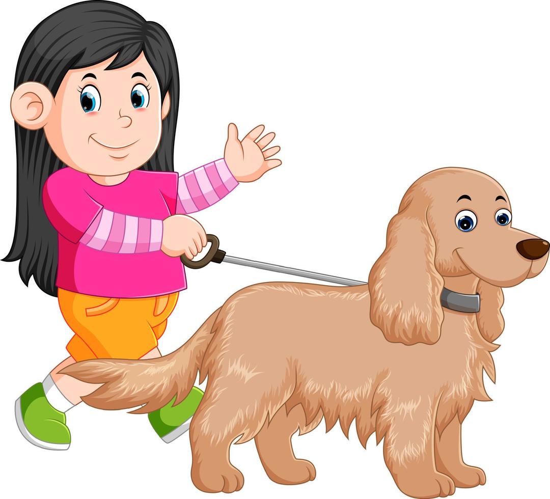 a little girl is walking with her female dog and waving her hand vector