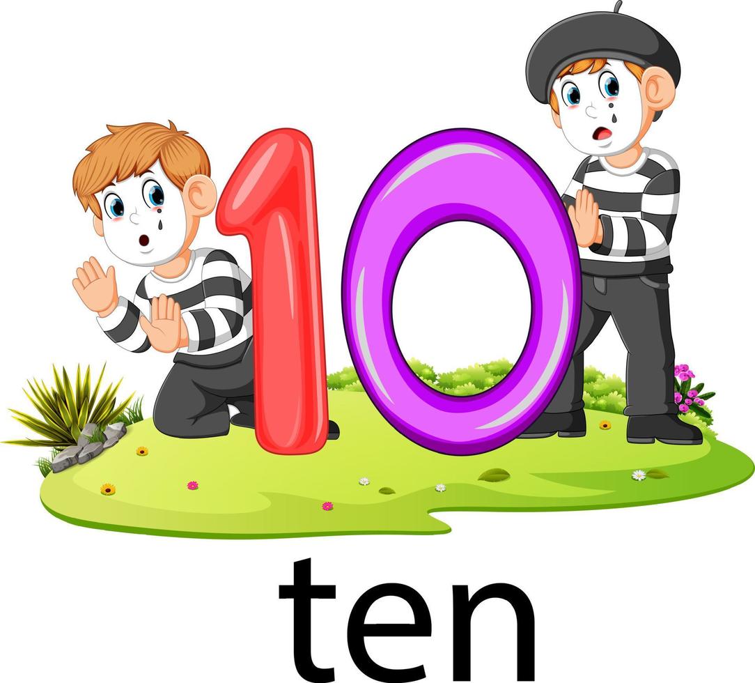 two little pantomime playing with the 10 balloon number and text on the grass vector