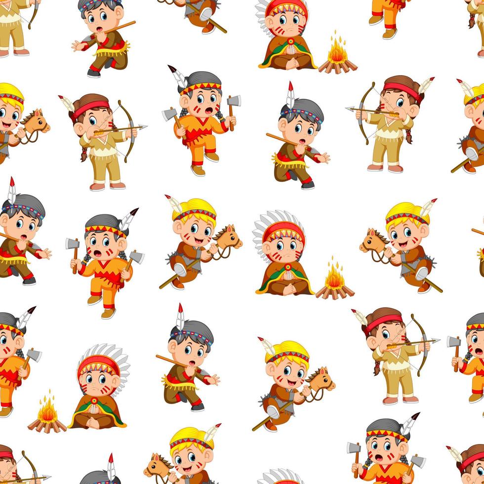 Seamless pattern with boys and girl american indian vector